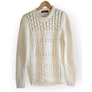 Zara Chunky Knit Sweater Men's Large Cream  Wool Blend Fisherman High Neck